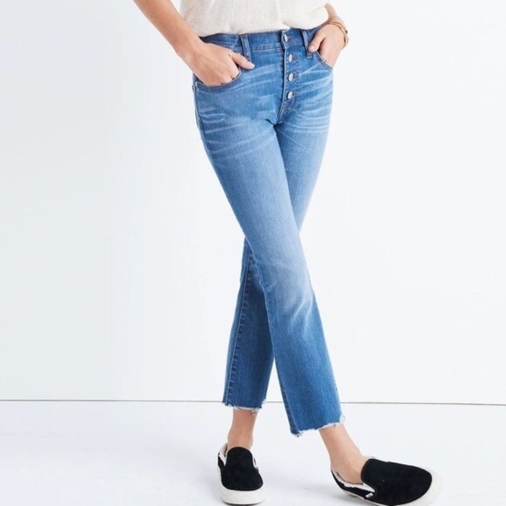 Madewell Cali Demi Boot Jeans 26 Chewed Hem- Cropped High Rise Button Front -EUC